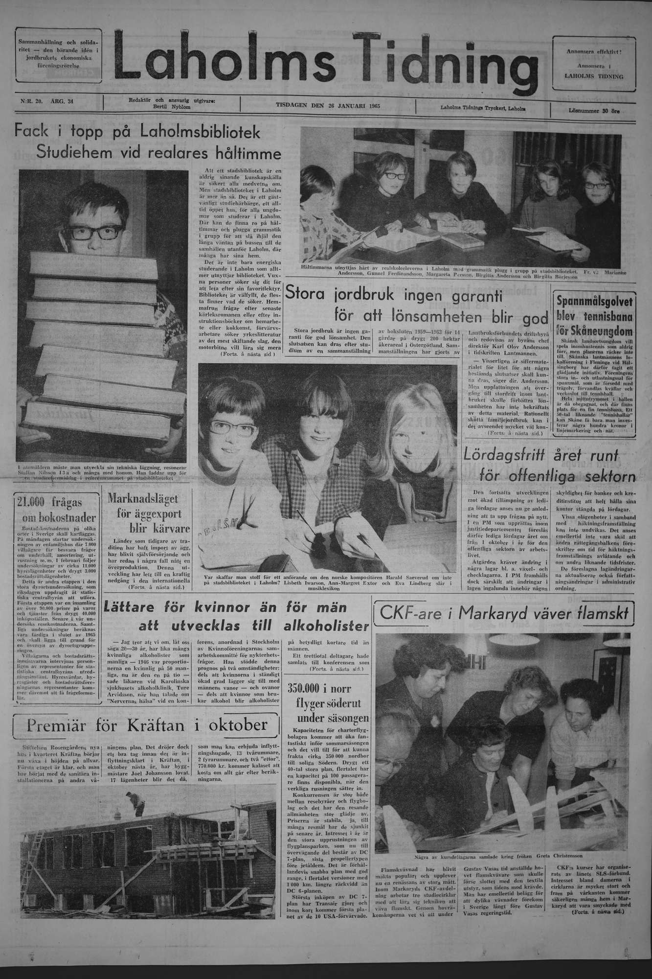 Laholms Tidning Tisdag 26 januari 1965, sida 1