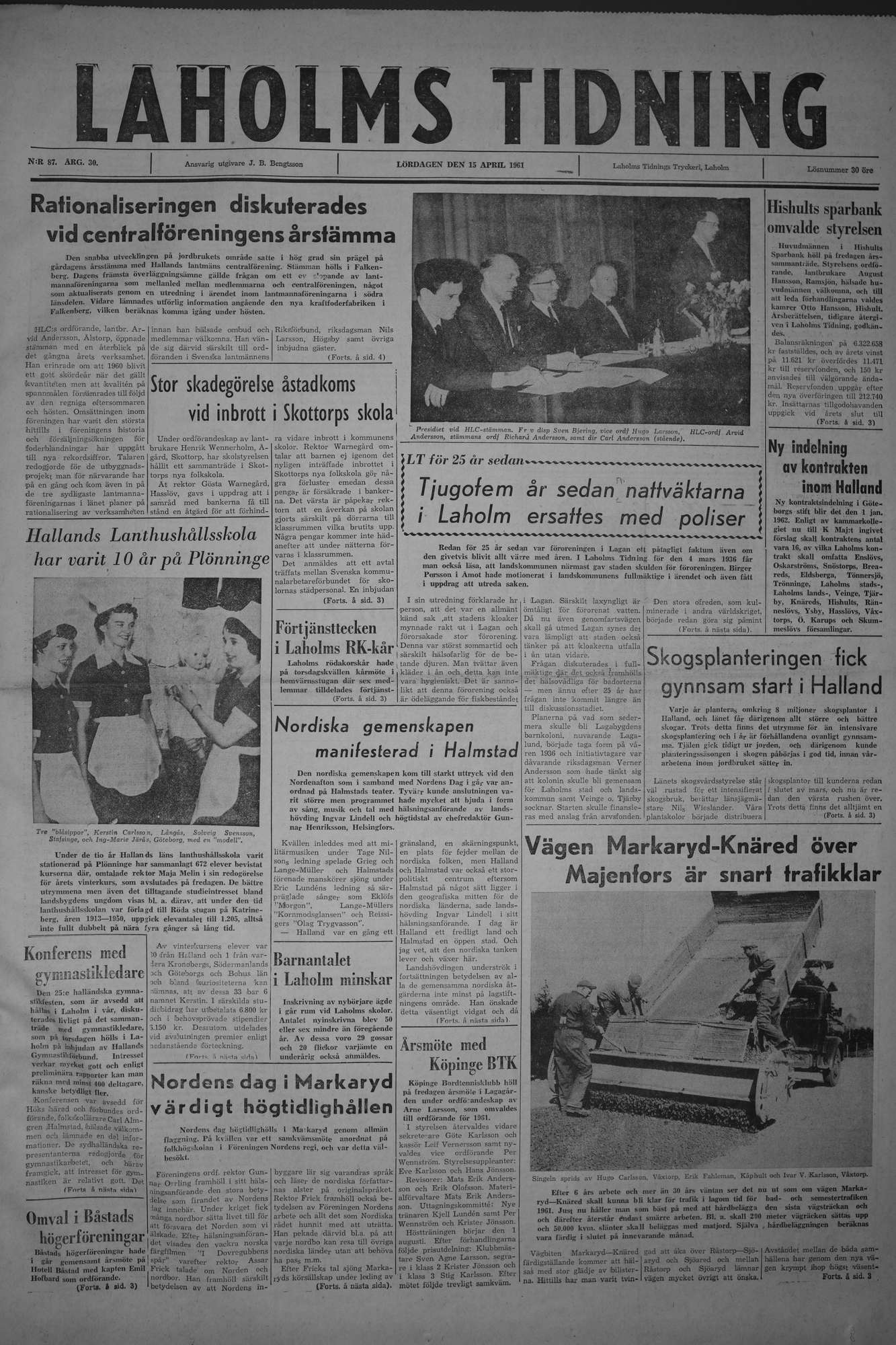 Laholms Tidning Lördag 15 april 1961, sida 1