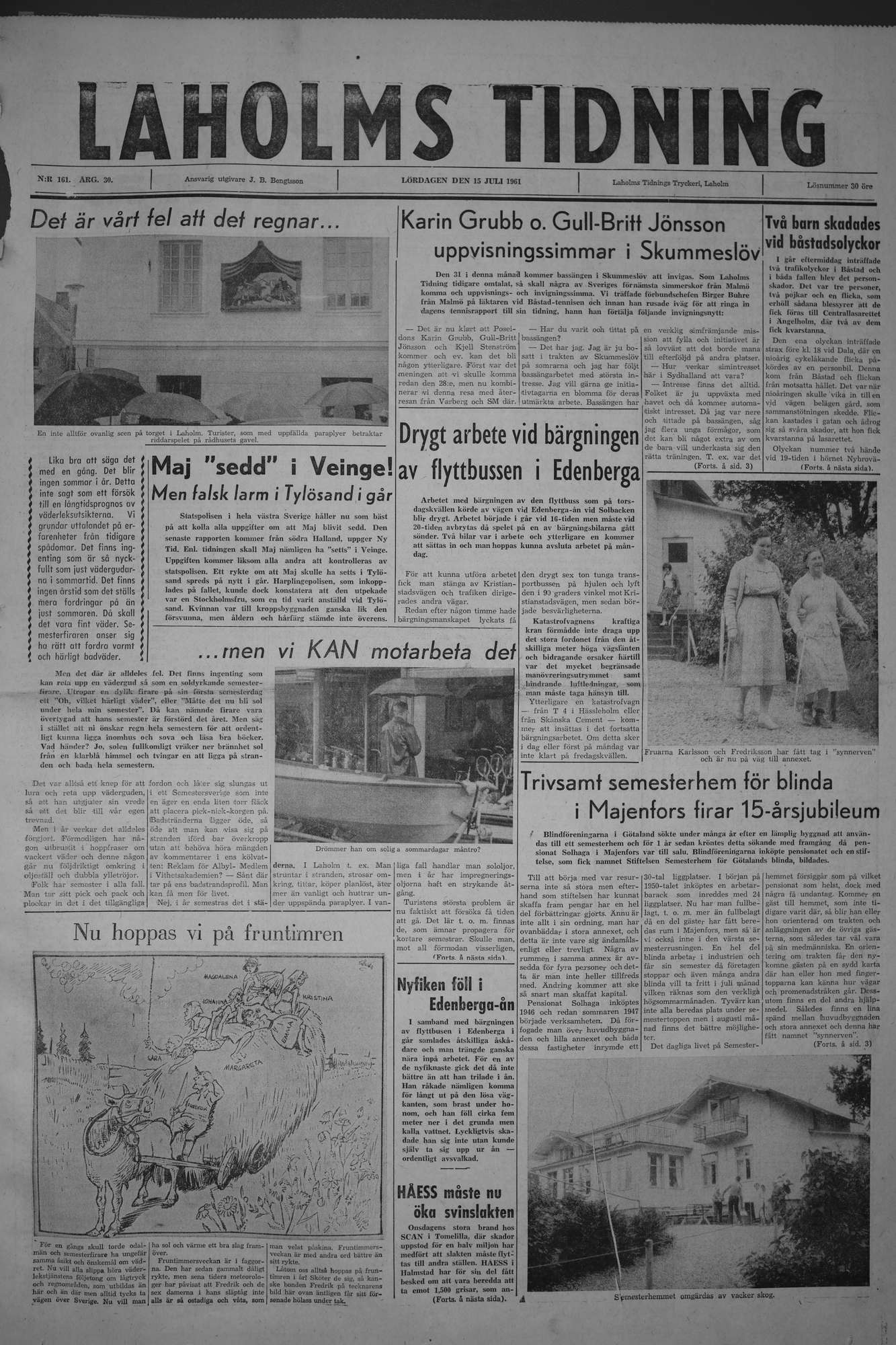 Laholms Tidning Lördag 15 juli 1961, sida 1