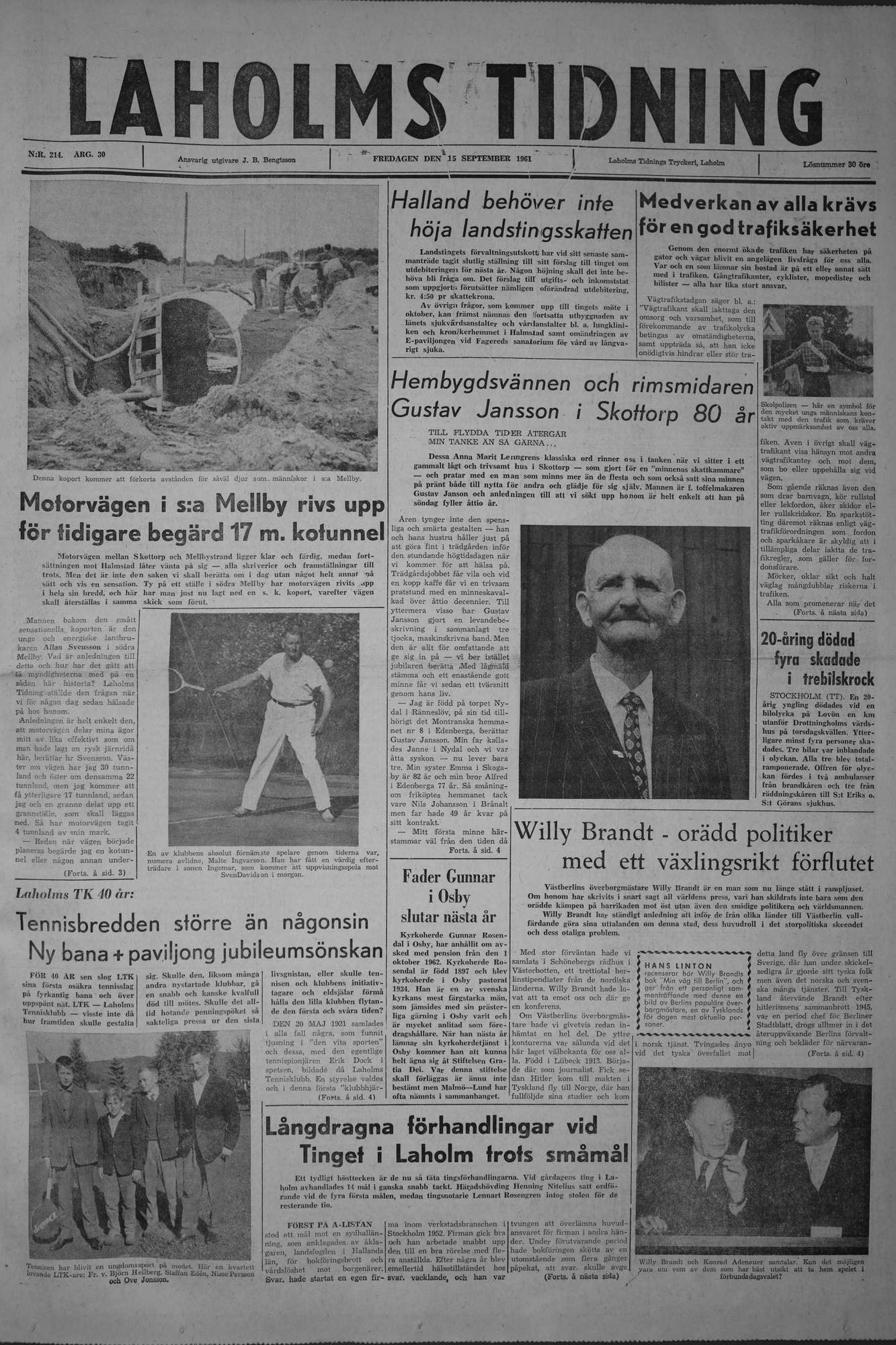 Laholms Tidning Fredag 15 september 1961, sida 1