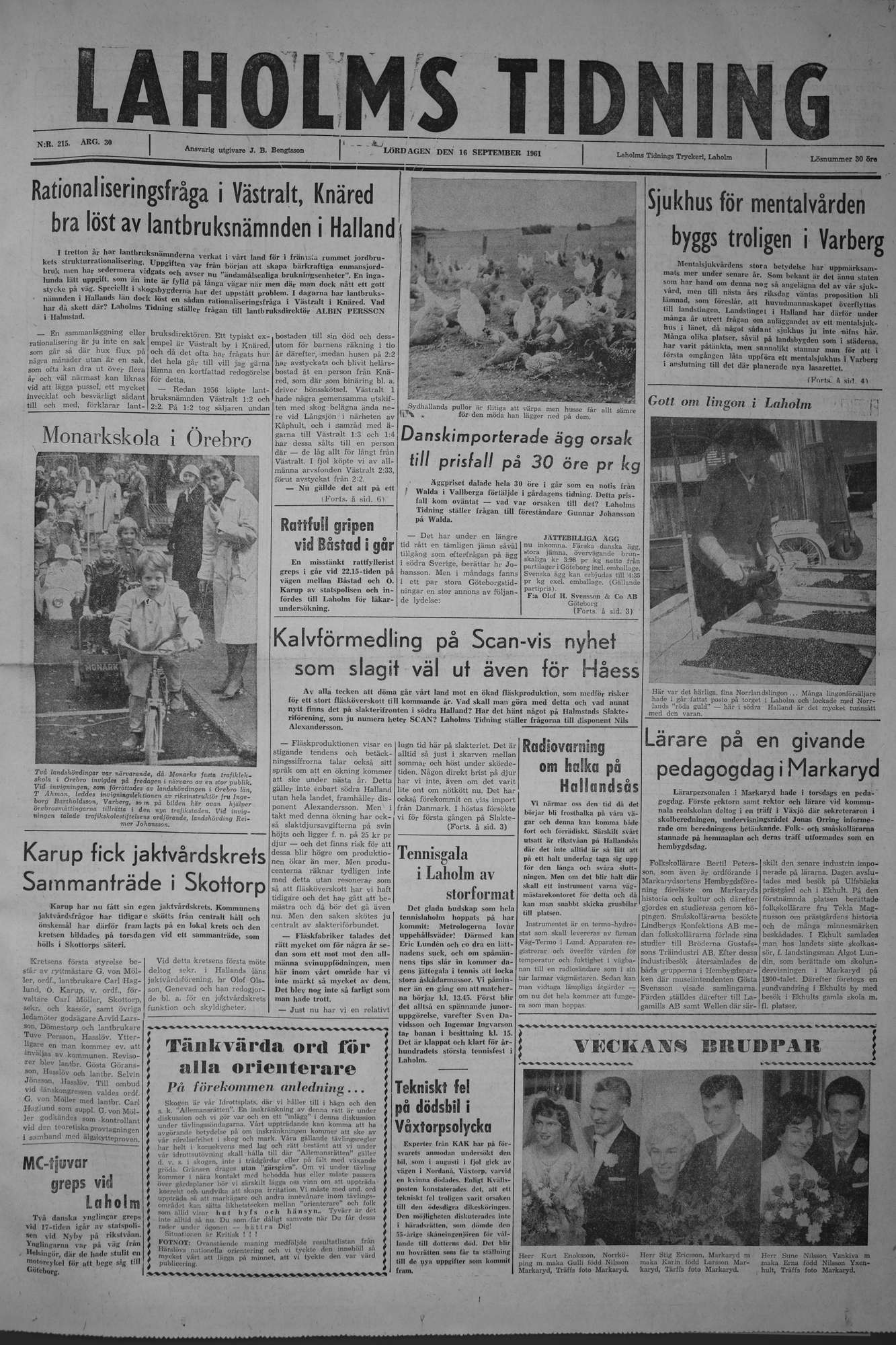 Laholms Tidning Lördag 16 september 1961, sida 1