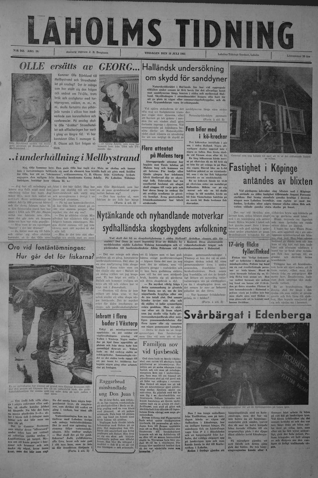Laholms Tidning Tisdag 18 juli 1961, sida 1