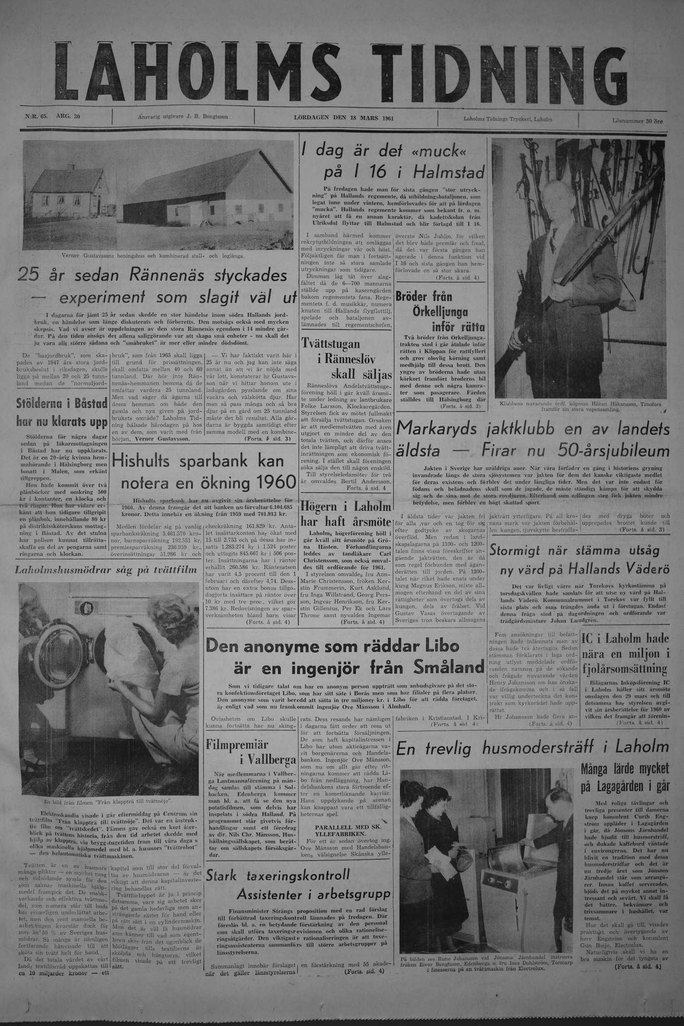 Laholms Tidning Lördag 18 mars 1961, sida 1