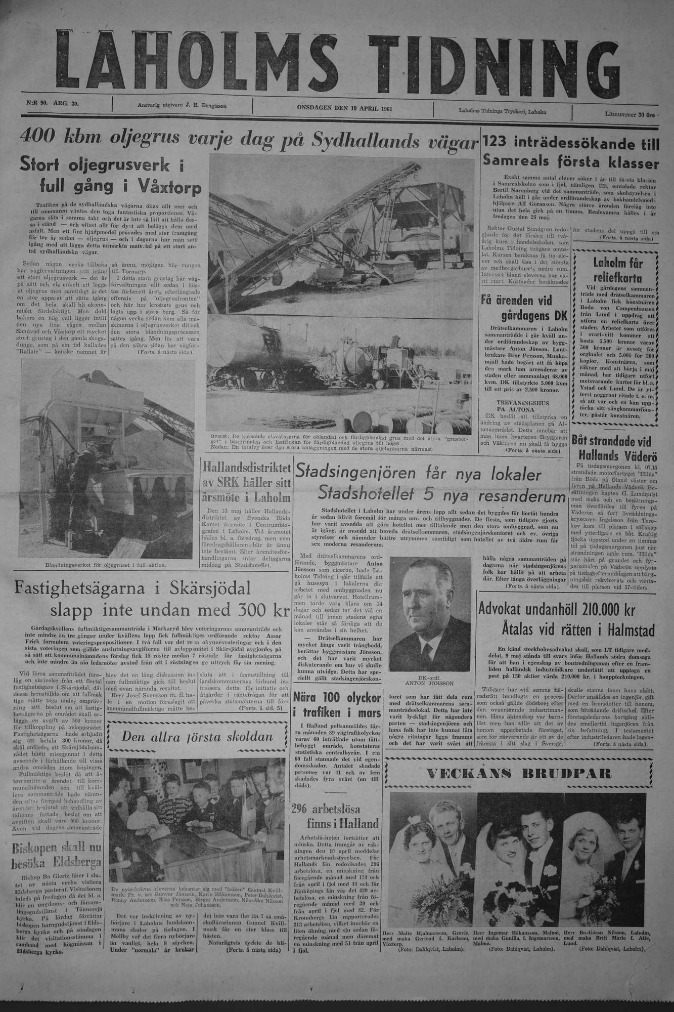 Laholms Tidning Onsdag 19 april 1961, sida 1