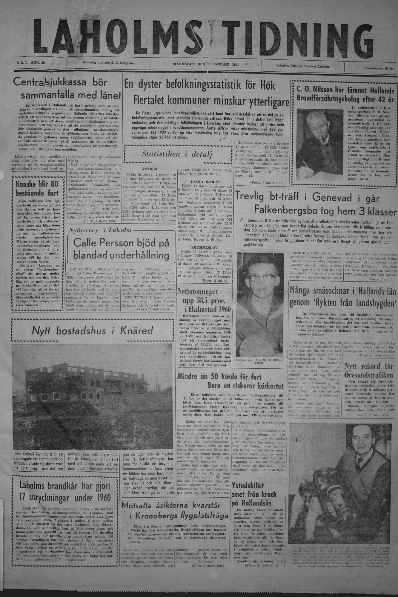 Laholms Tidning Måndag 2 januari 1961, sida 1