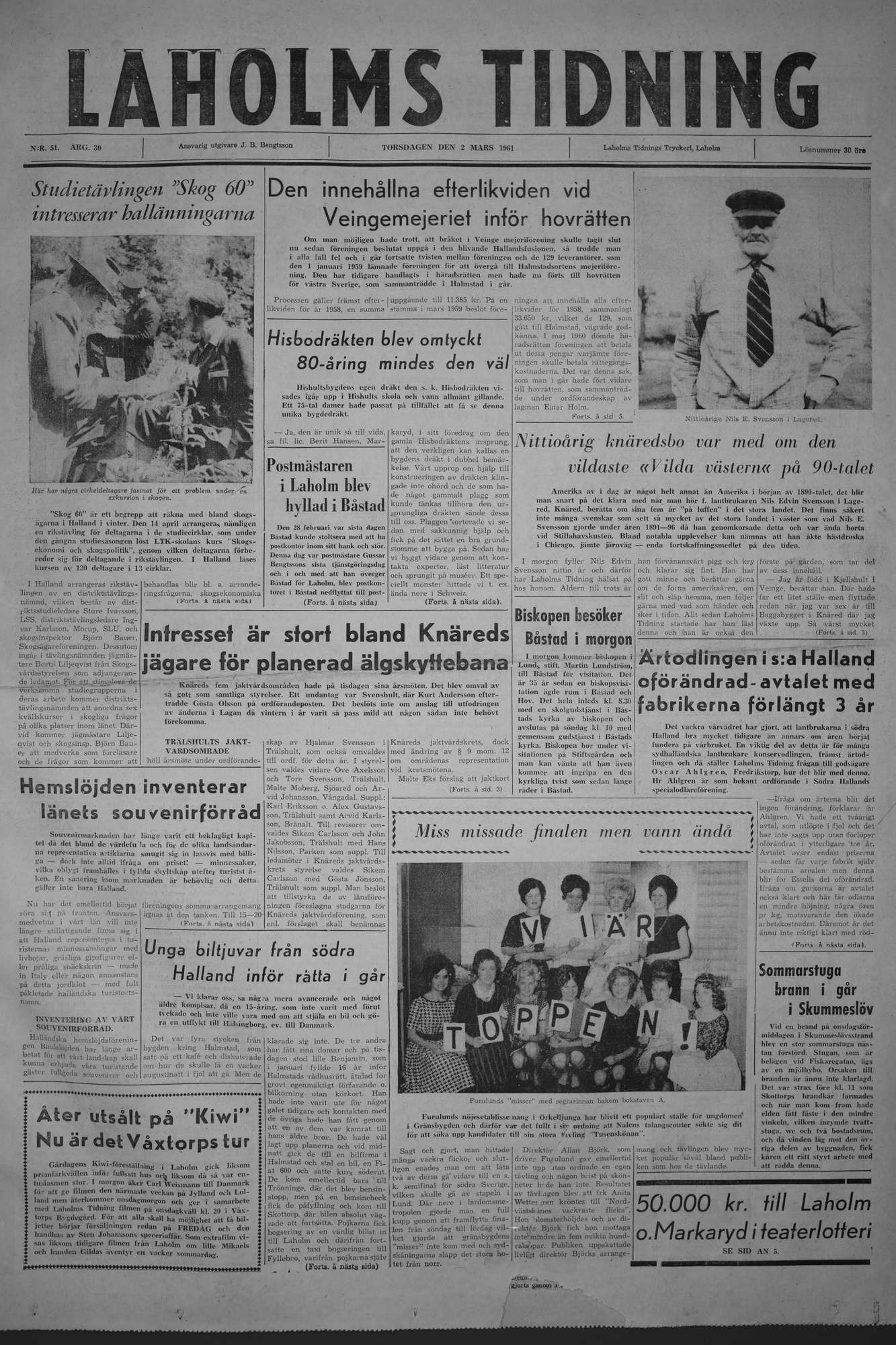 Laholms Tidning Torsdag 2 mars 1961, sida 1