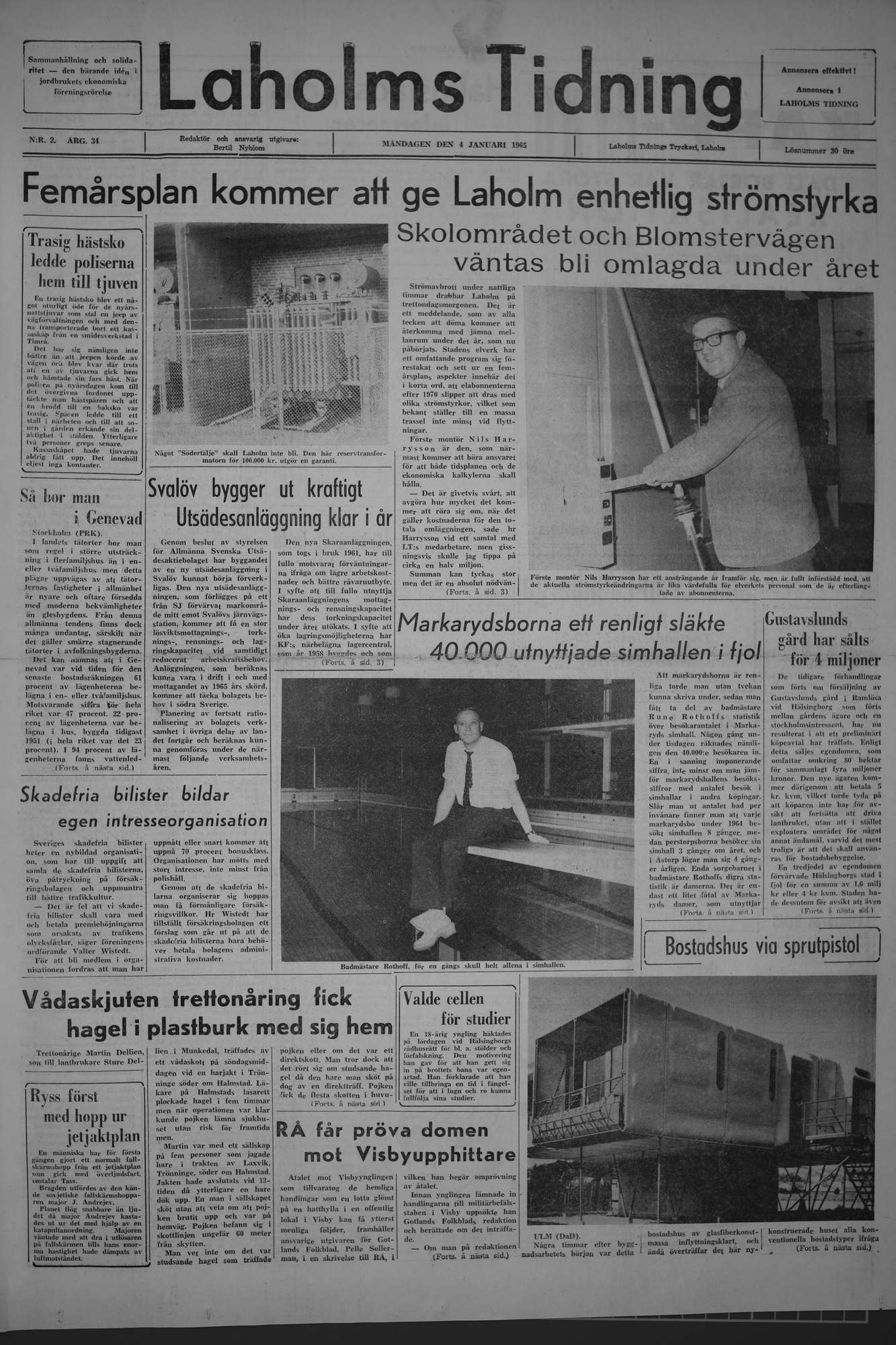 Laholms Tidning Måndag 4 januari 1965, sida 1