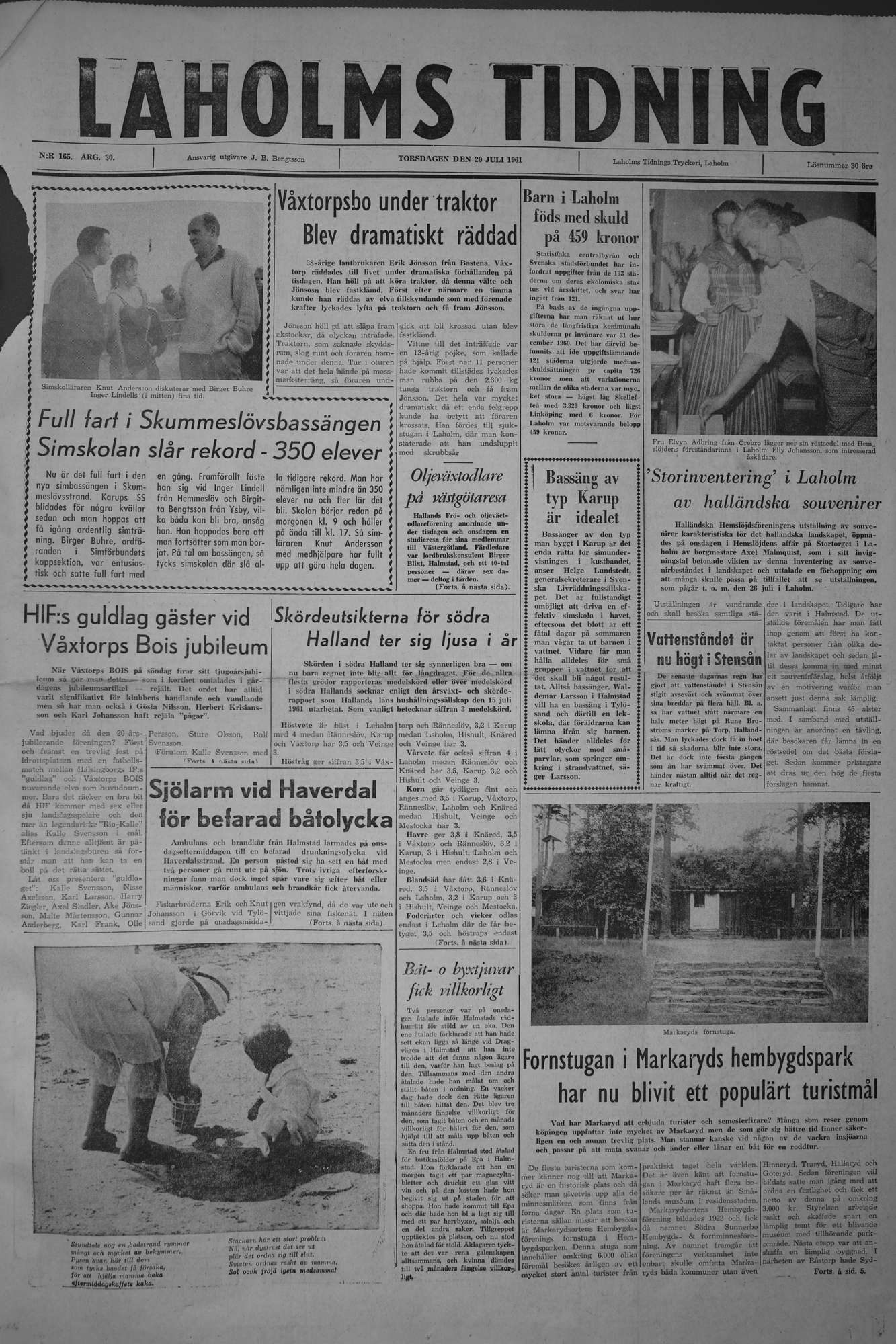 Laholms Tidning Torsdag 20 juli 1961, sida 1