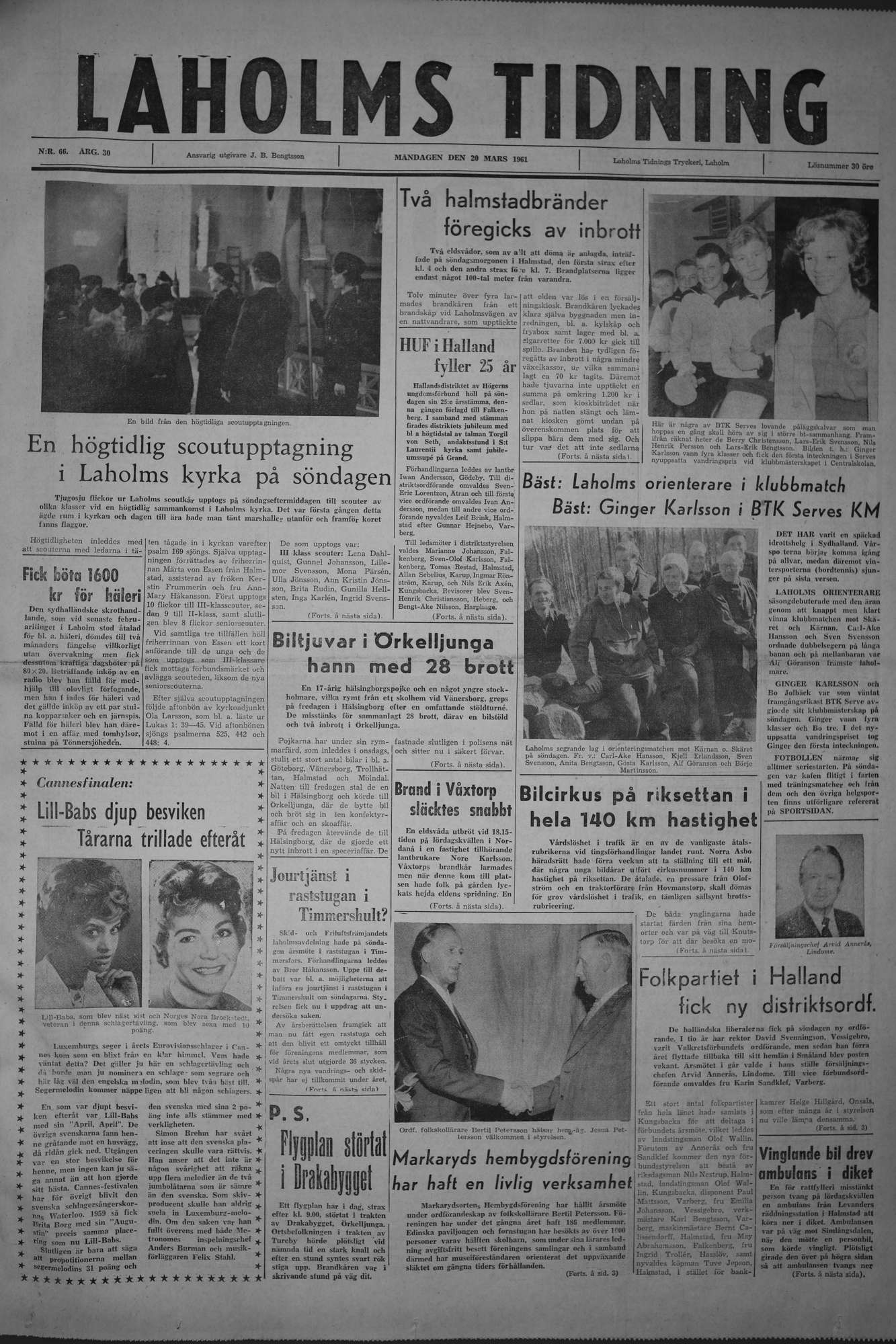 Laholms Tidning Måndag 20 mars 1961, sida 1