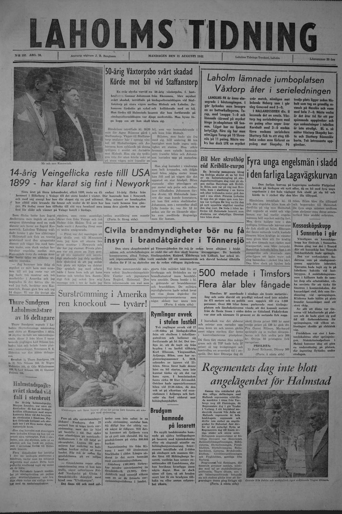 Laholms Tidning Måndag 21 augusti 1961, sida 1