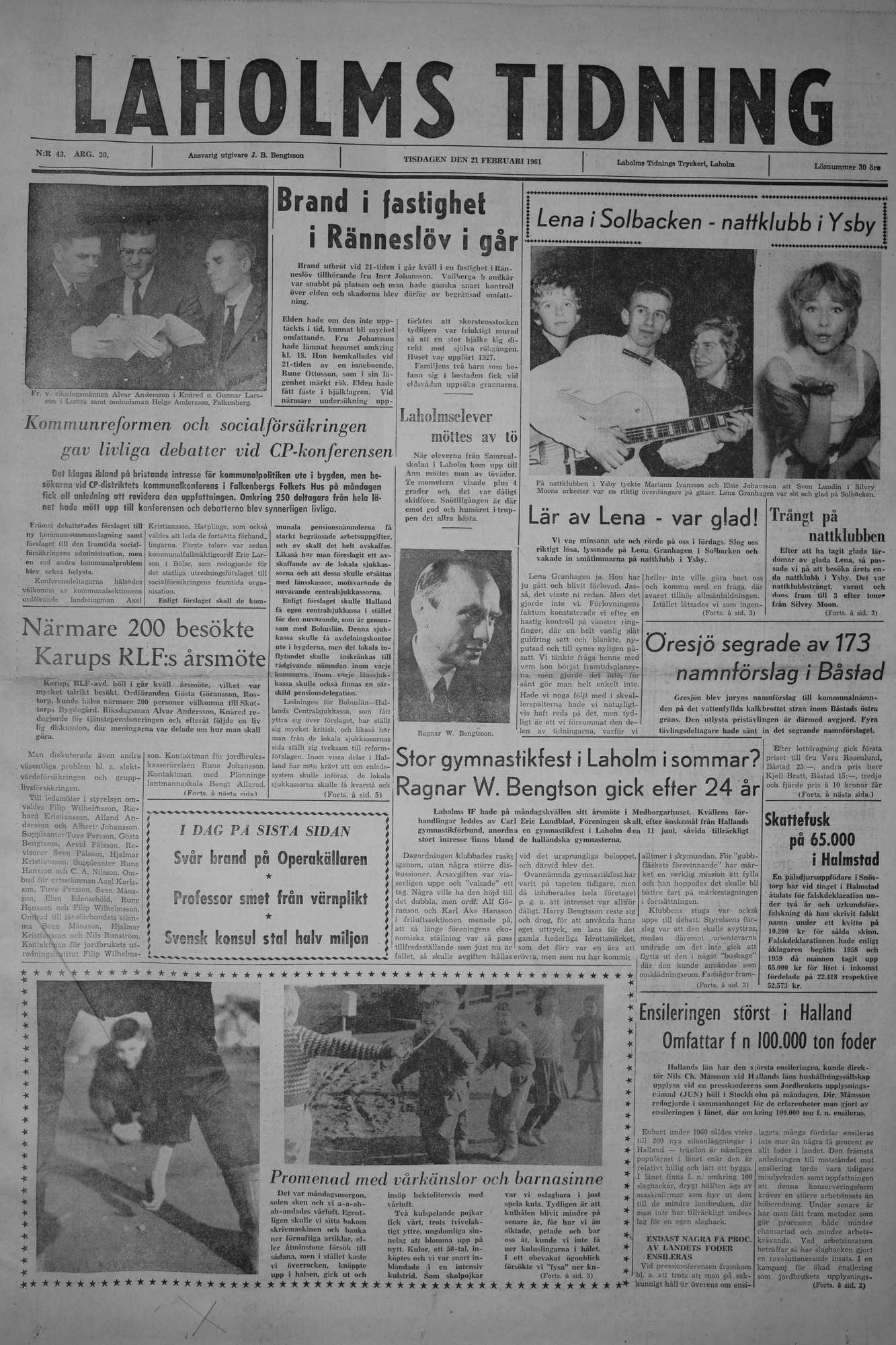 Laholms Tidning Tisdag 21 februari 1961, sida 1