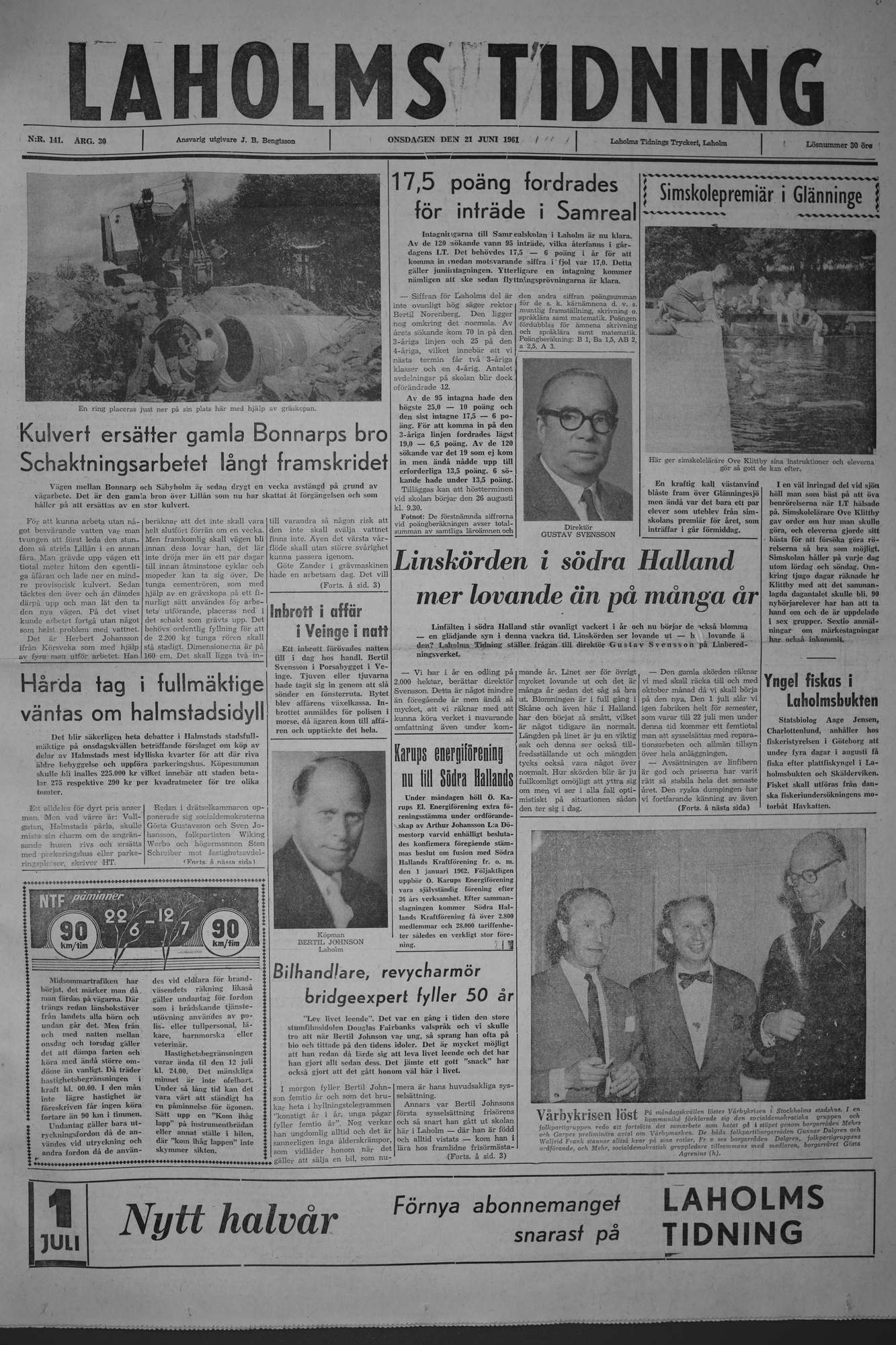 Laholms Tidning Onsdag 21 juni 1961, sida 1