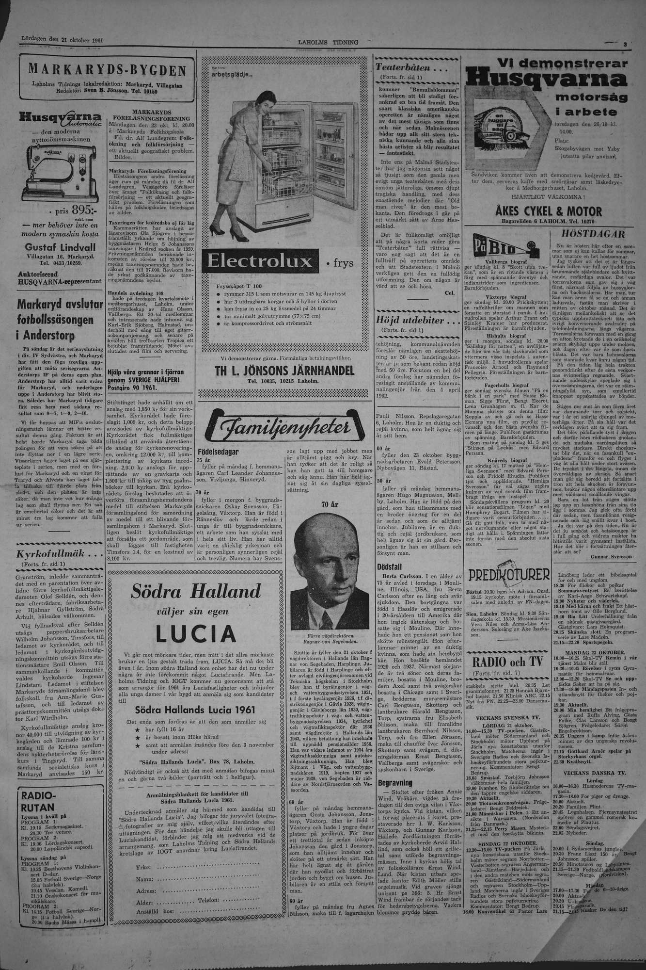 Laholms Tidning Lördag 21 oktober 1961, sida 3