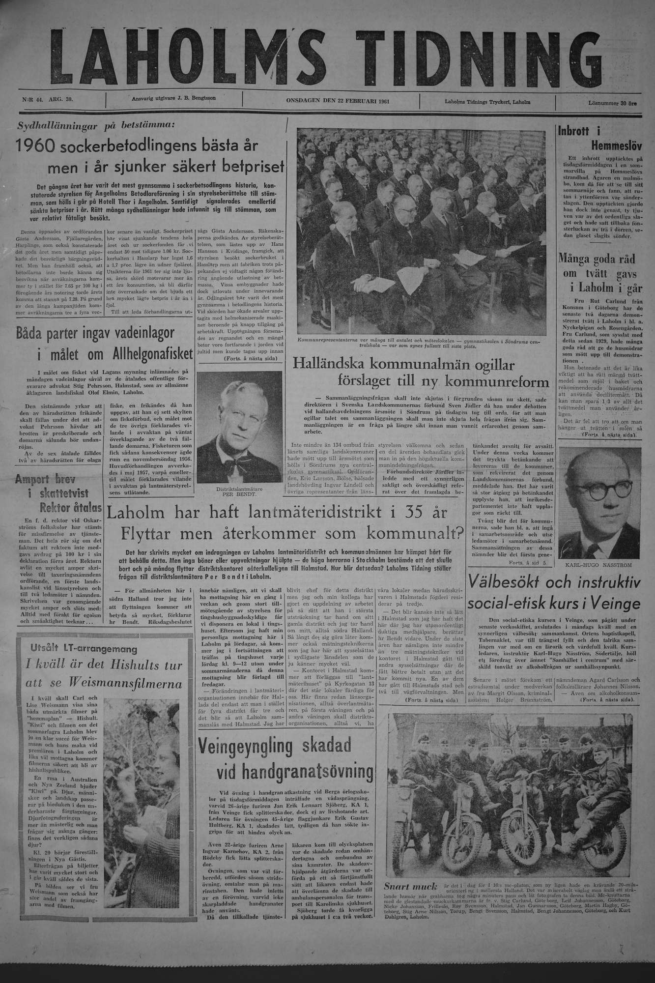 Laholms Tidning Onsdag 22 februari 1961, sida 1