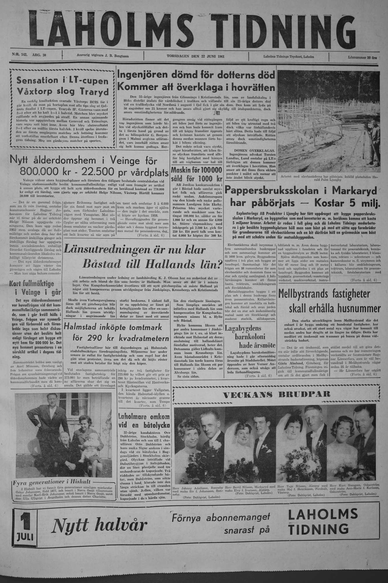 Laholms Tidning Torsdag 22 juni 1961, sida 1