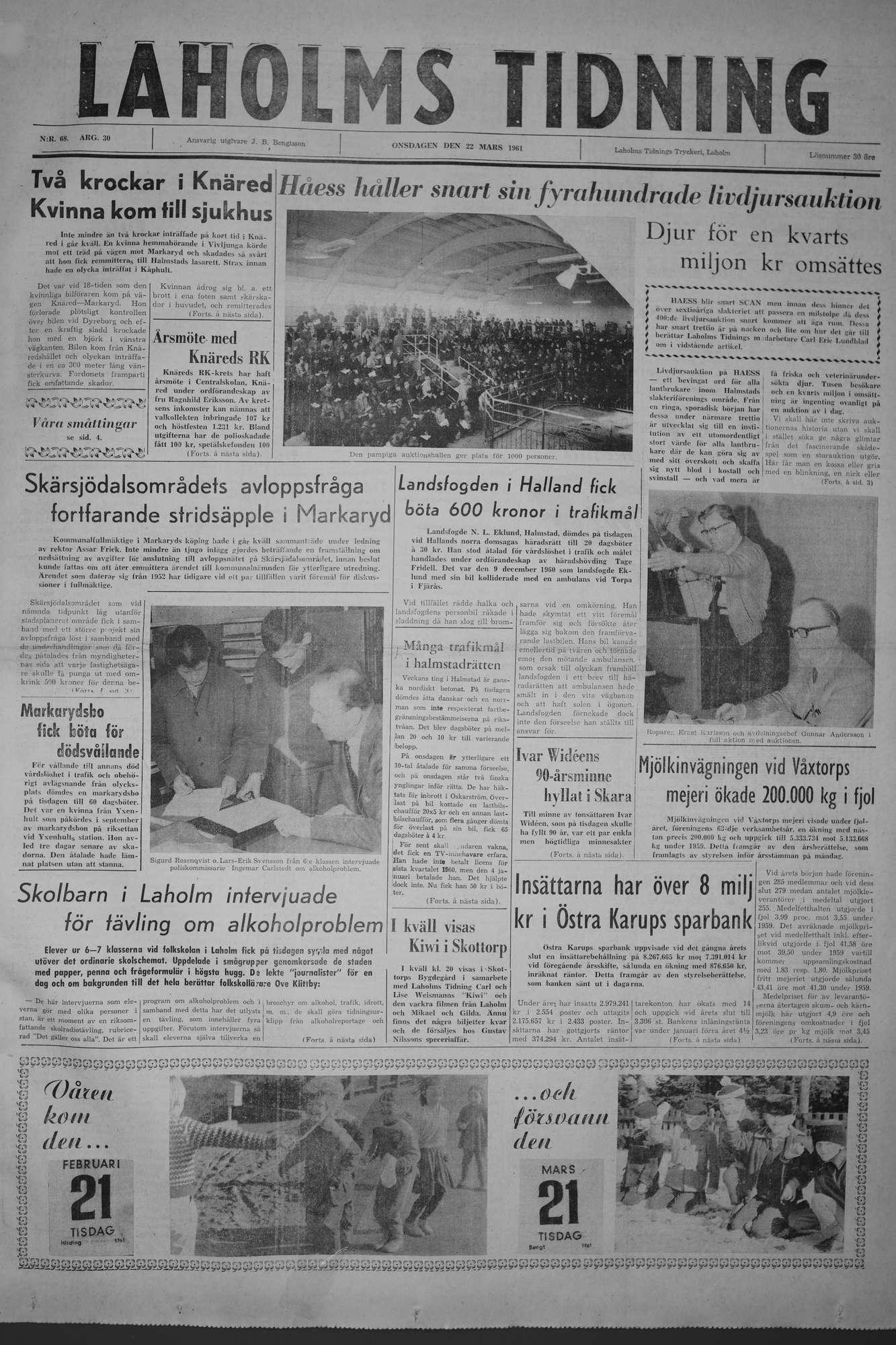 Laholms Tidning Onsdag 22 mars 1961, sida 1