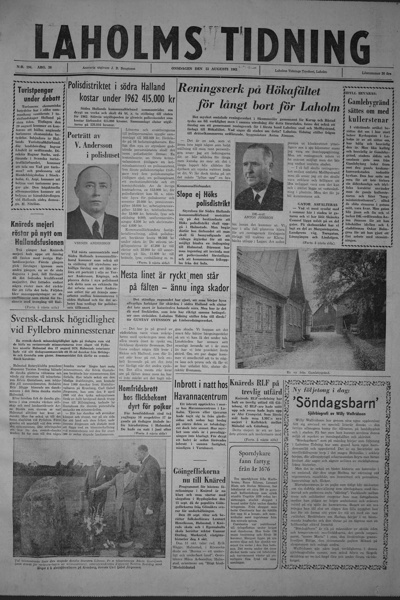 Laholms Tidning Onsdag 23 augusti 1961, sida 1