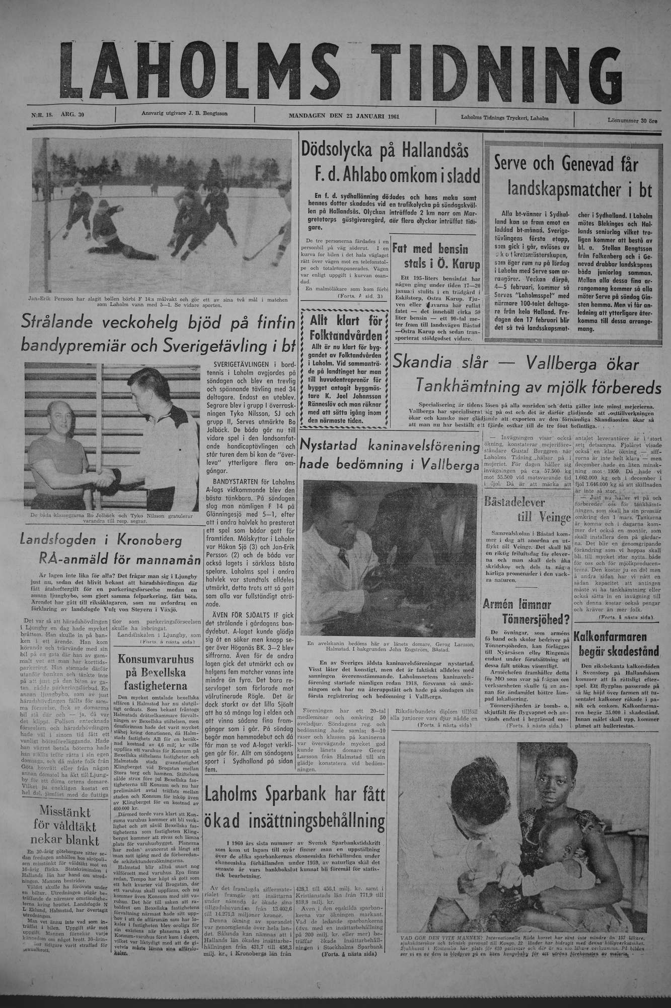 Laholms Tidning Måndag 23 januari 1961, sida 1