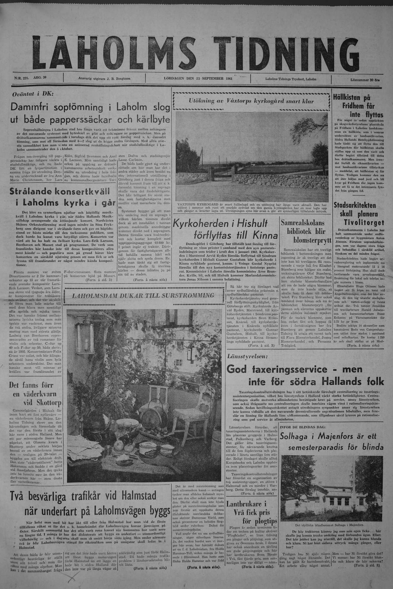 Laholms Tidning Lördag 23 september 1961, sida 1