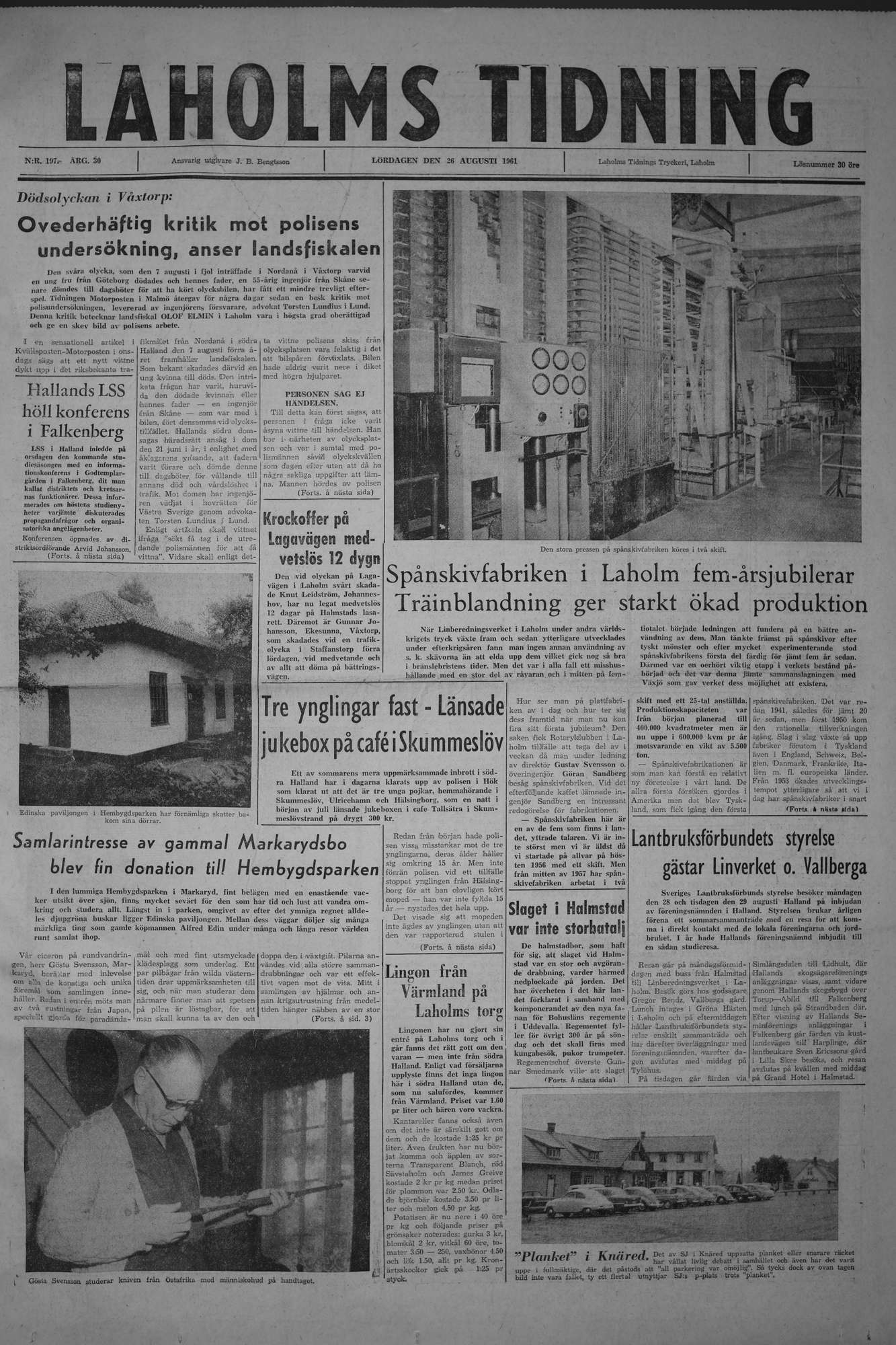 Laholms Tidning Lördag 26 augusti 1961, sida 1