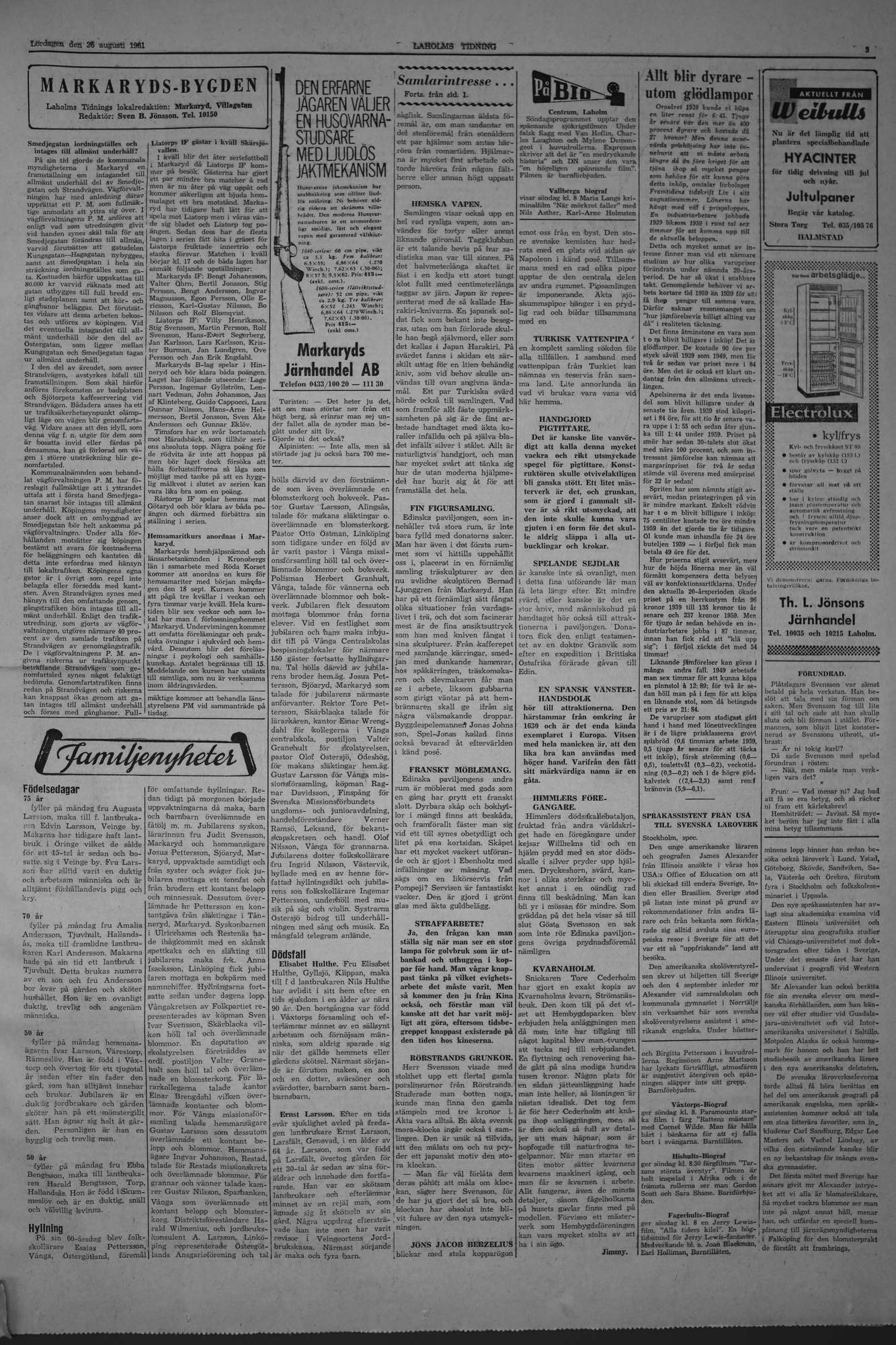 Laholms Tidning Lördag 26 augusti 1961, sida 3