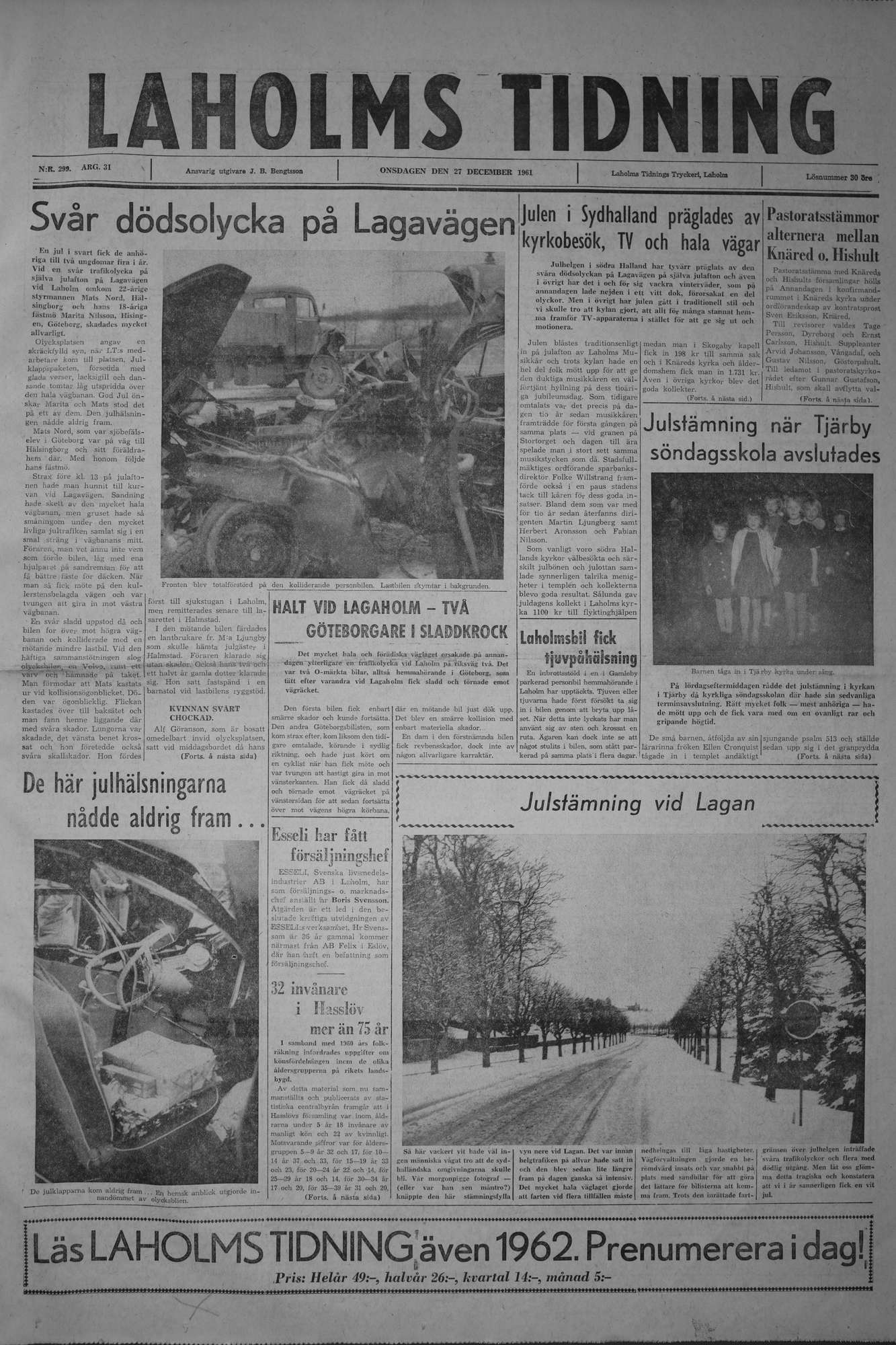 Laholms Tidning Onsdag 27 december 1961, sida 1