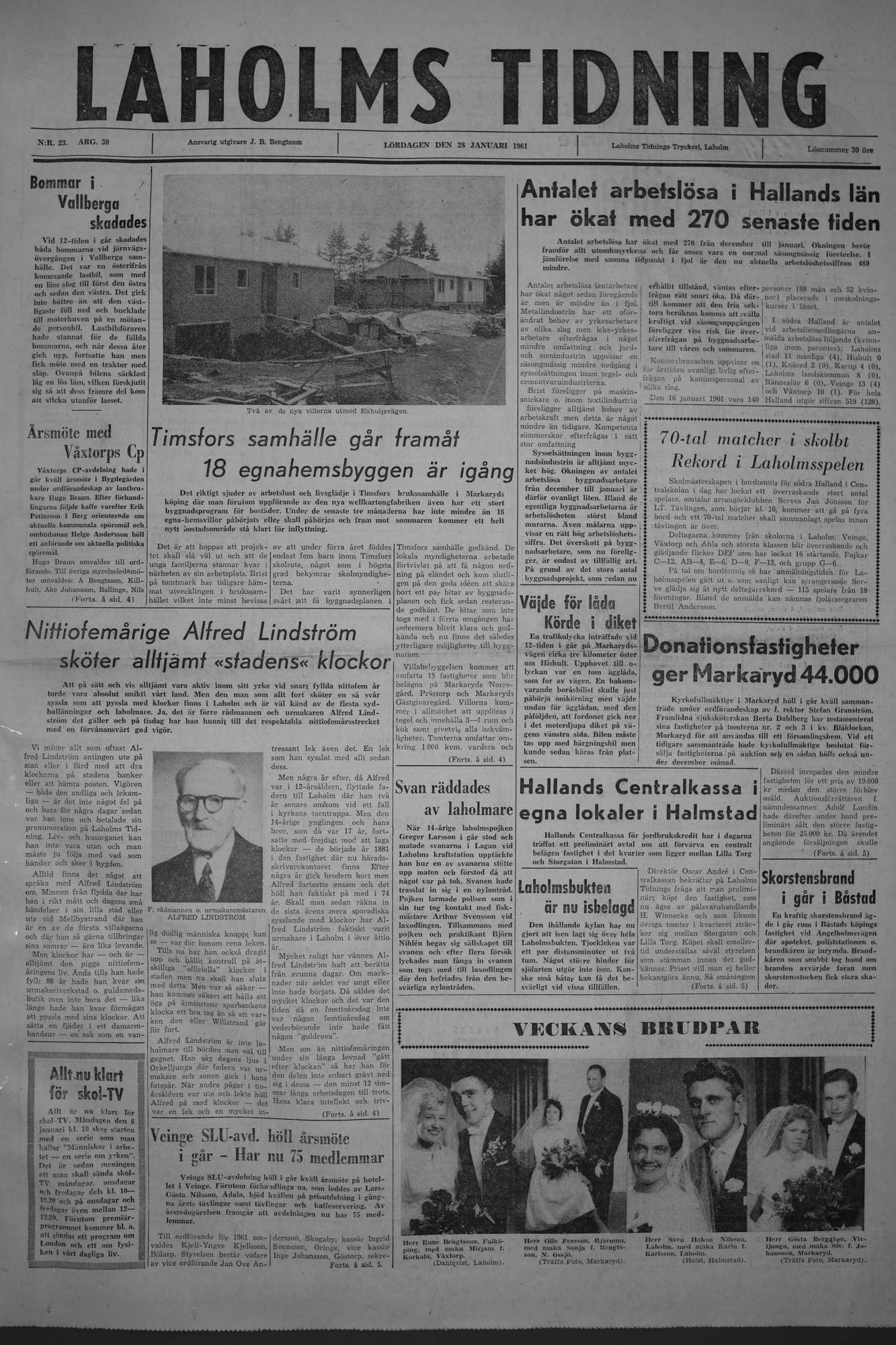 Laholms Tidning Lördag 28 januari 1961, sida 1