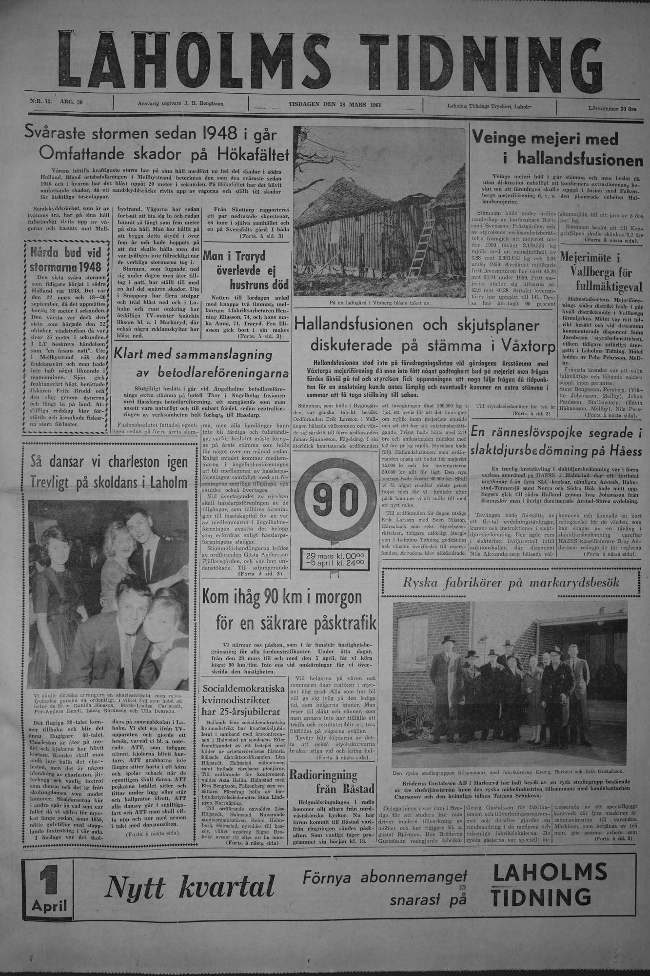 Laholms Tidning Tisdag 28 mars 1961, sida 1