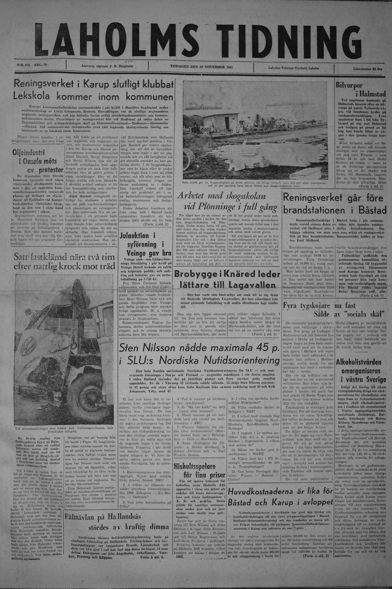 Laholms Tidning Tisdag 28 november 1961, sida 1