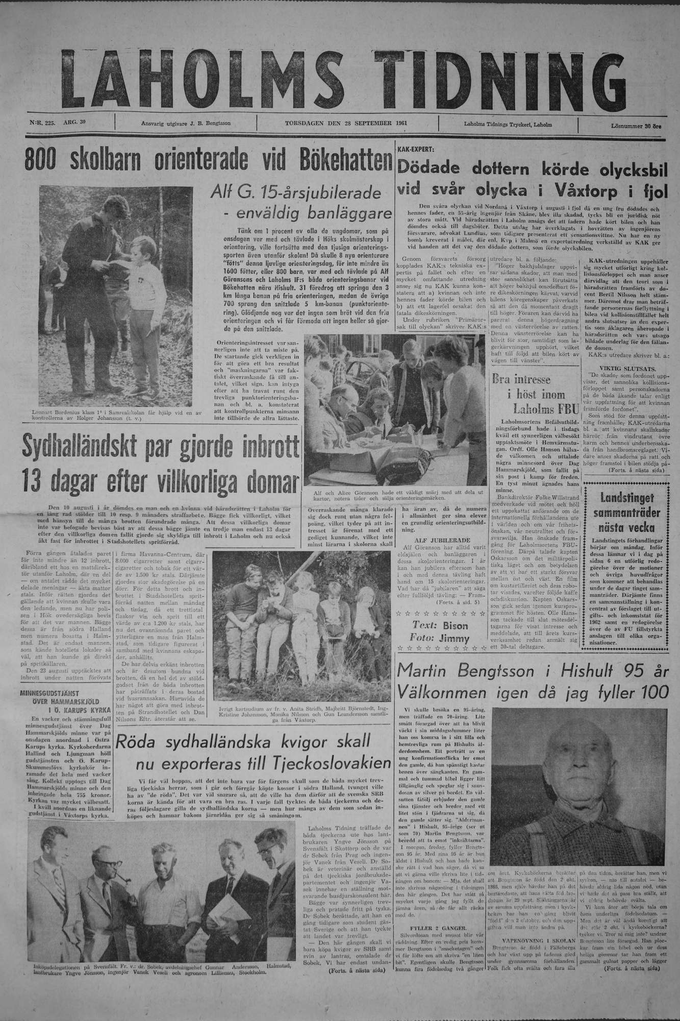 Laholms Tidning Torsdag 28 september 1961, sida 1