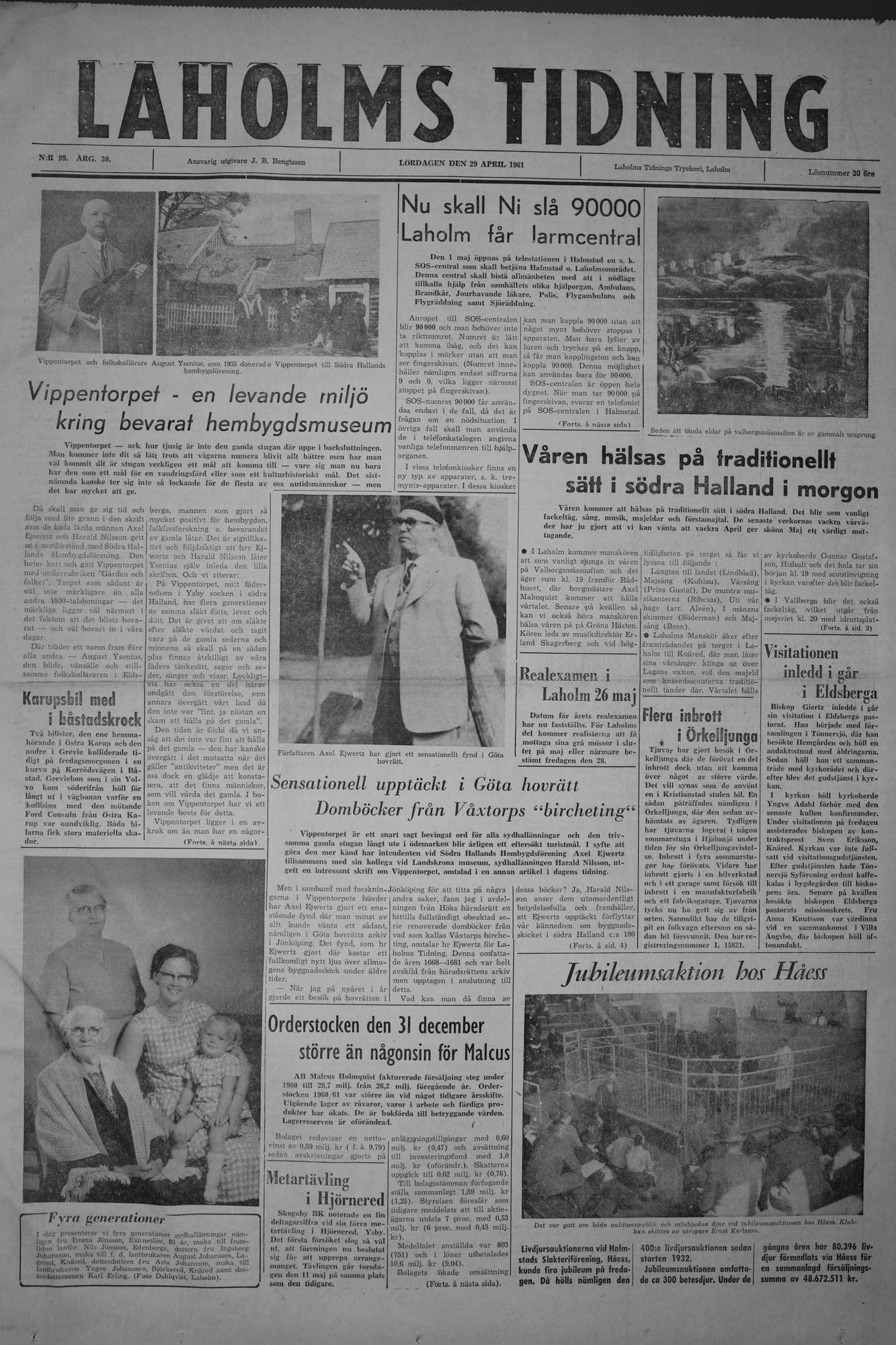 Laholms Tidning Lördag 29 april 1961, sida 1