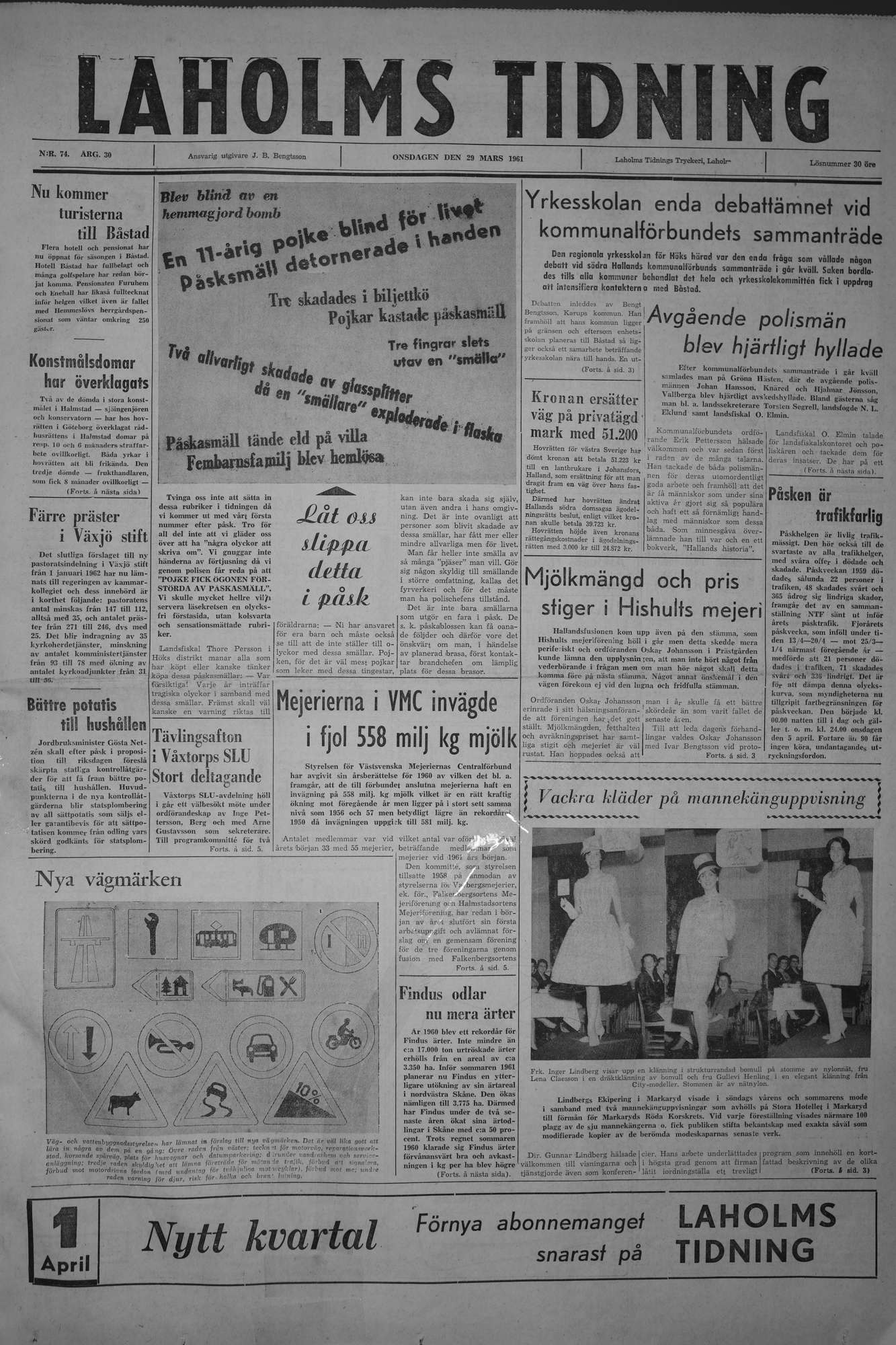 Laholms Tidning Onsdag 29 mars 1961, sida 1