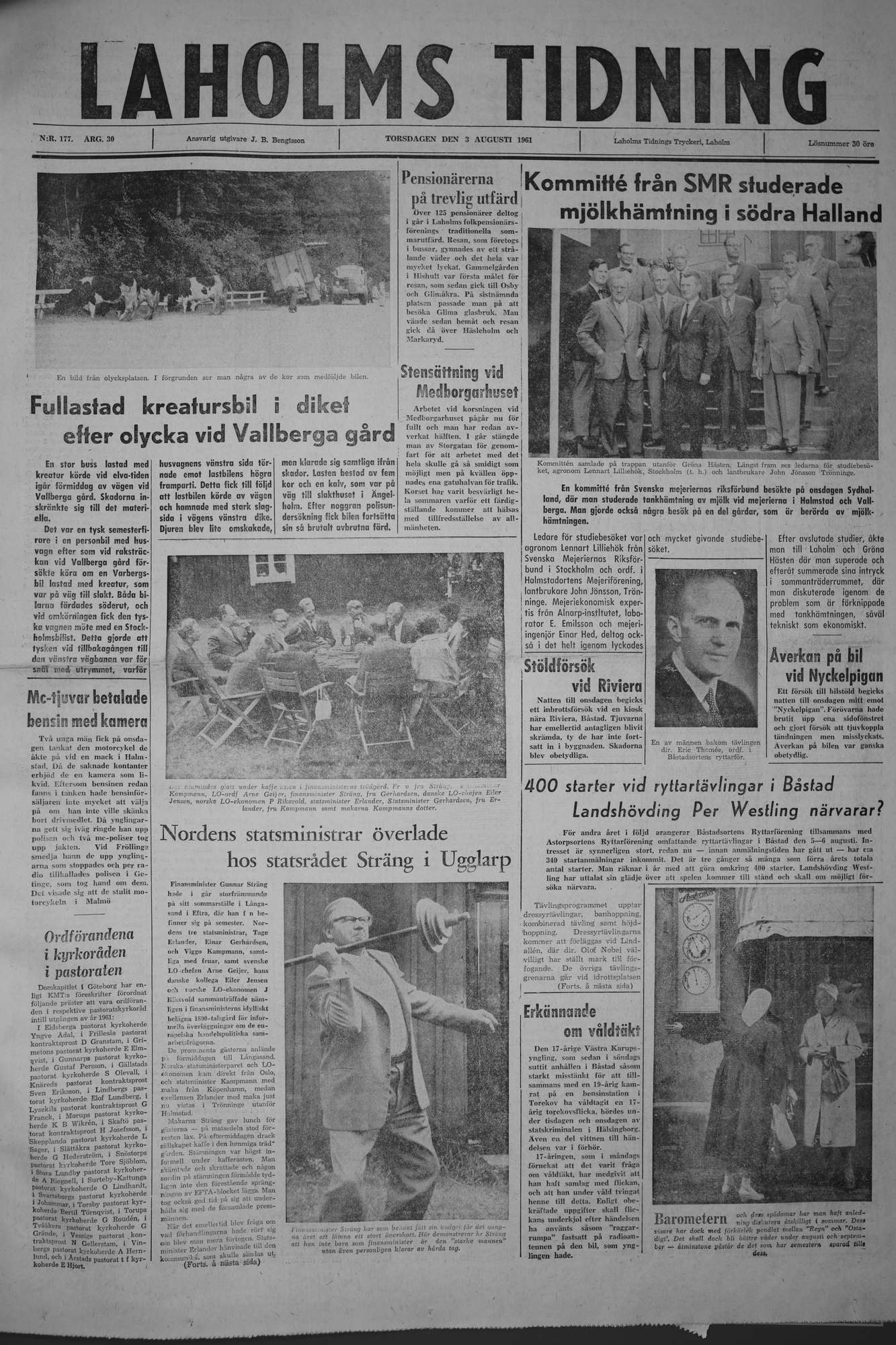 Laholms Tidning Torsdag 3 augusti 1961, sida 1