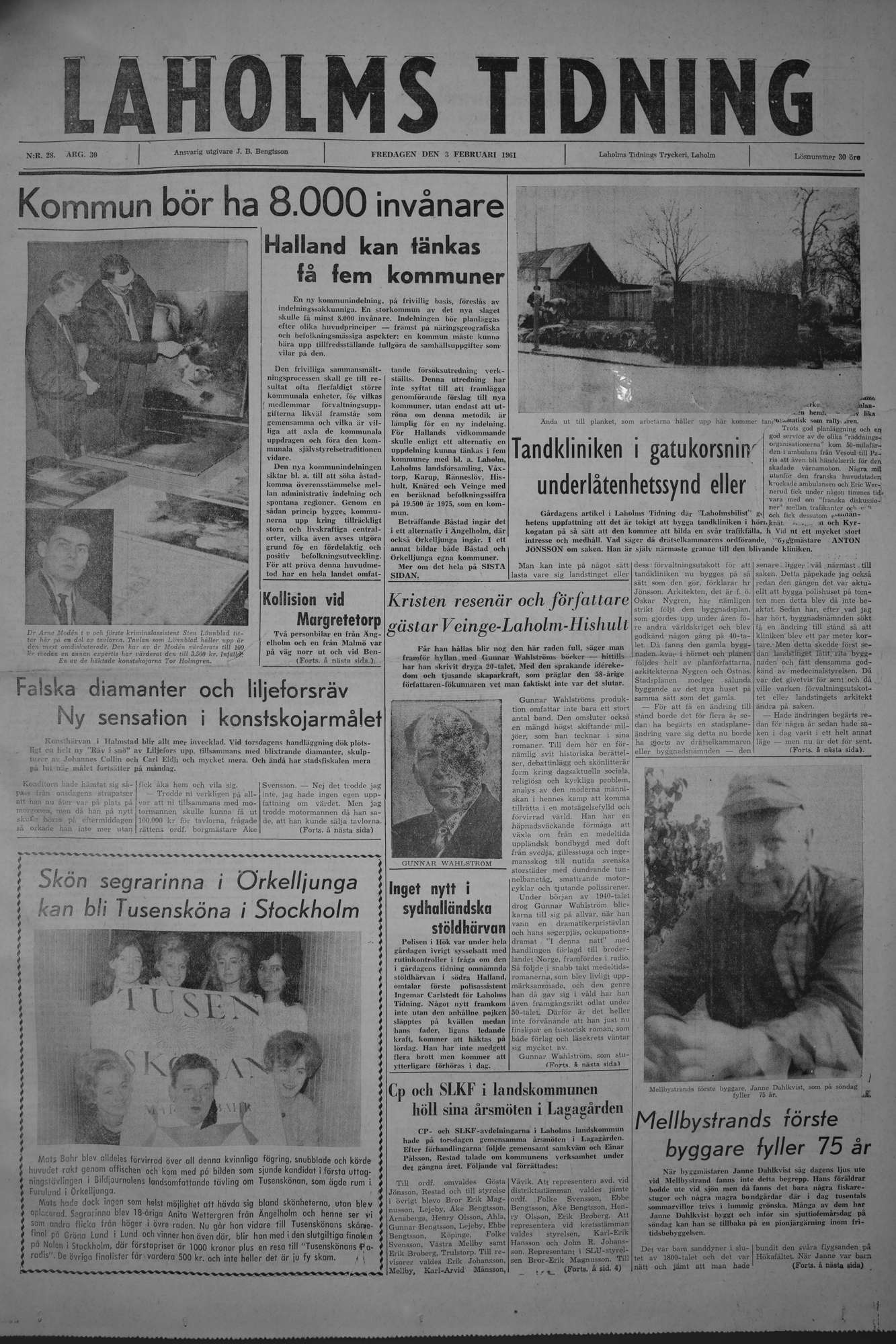 Laholms Tidning Fredag 3 februari 1961, sida 1