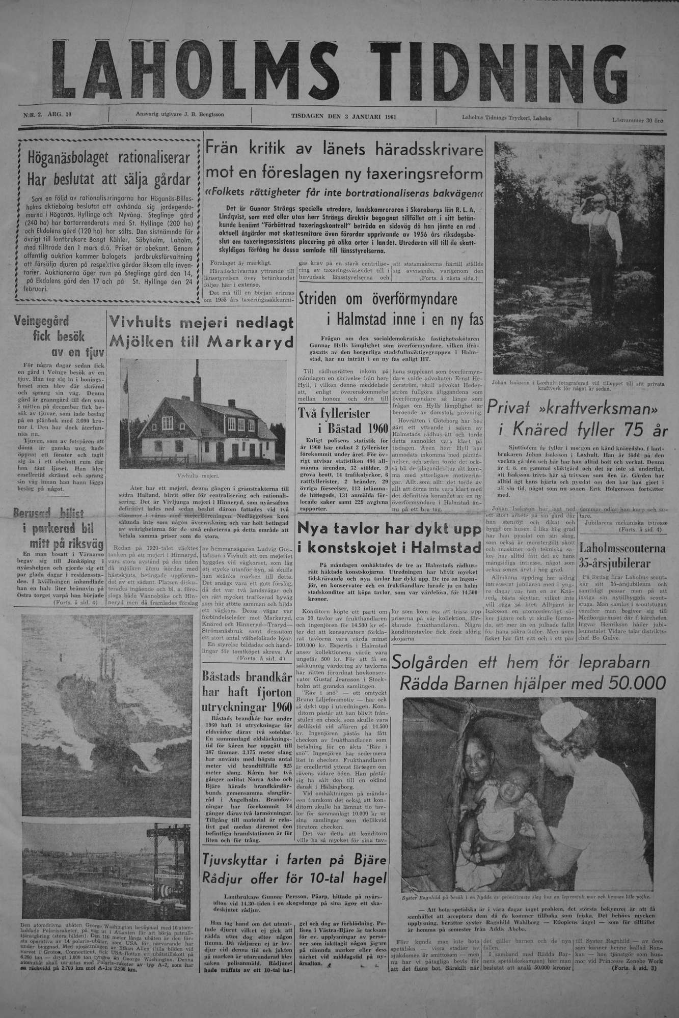 Laholms Tidning Tisdag 3 januari 1961, sida 1
