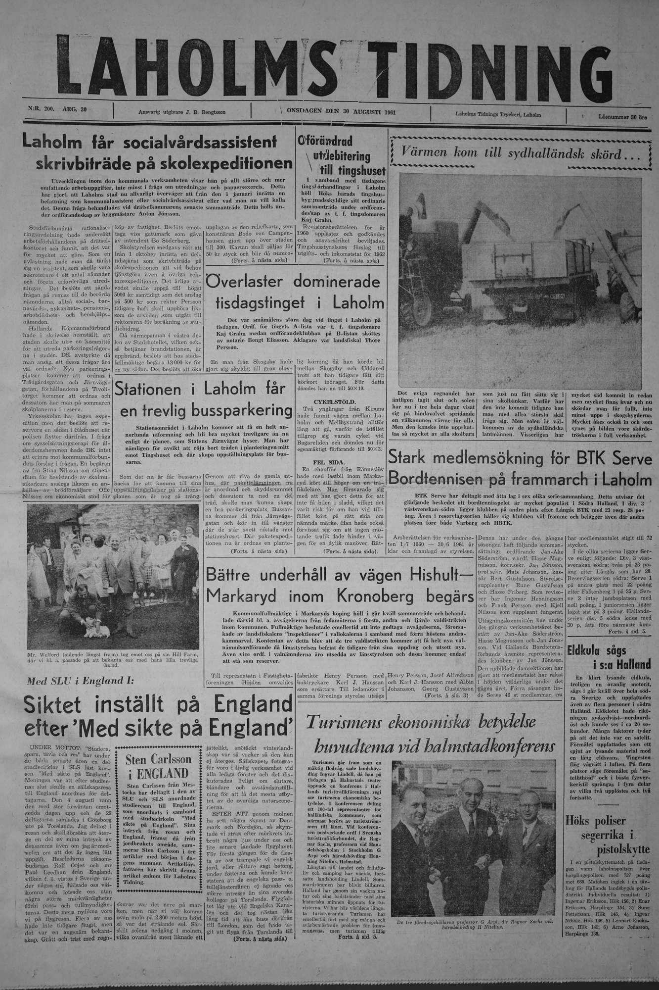 Laholms Tidning Onsdag 30 augusti 1961, sida 1