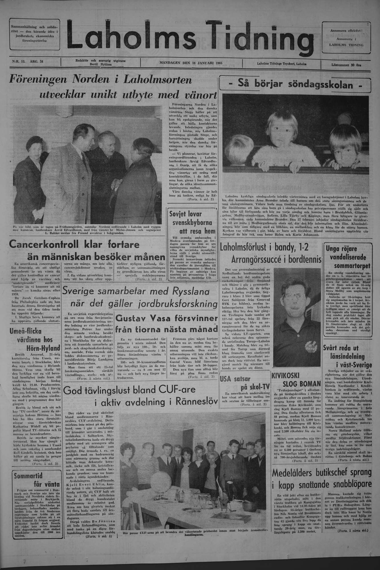 Laholms Tidning Måndag 18 januari 1965, sida 1