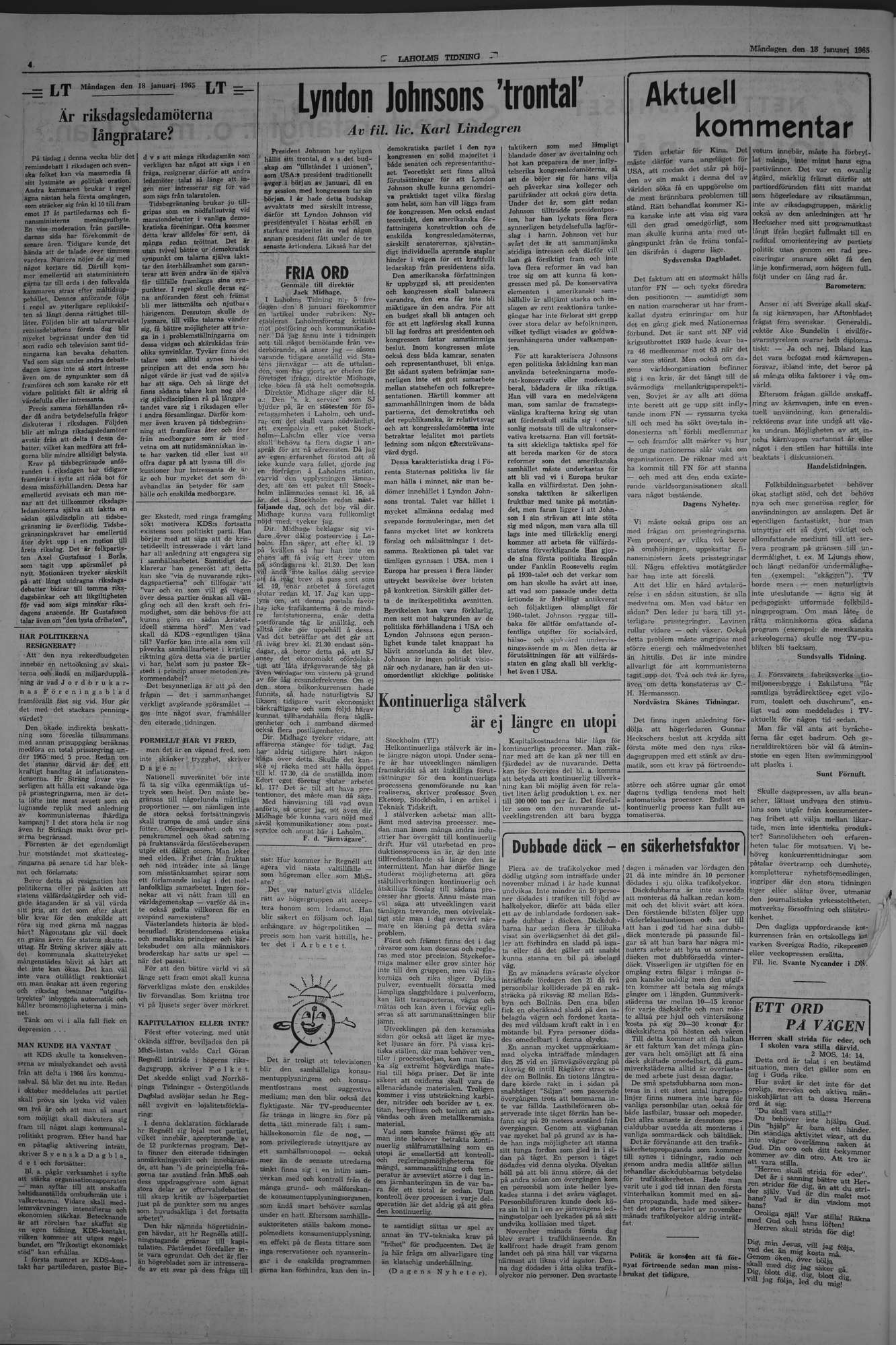 Laholms Tidning Måndag 18 januari 1965, sida 4