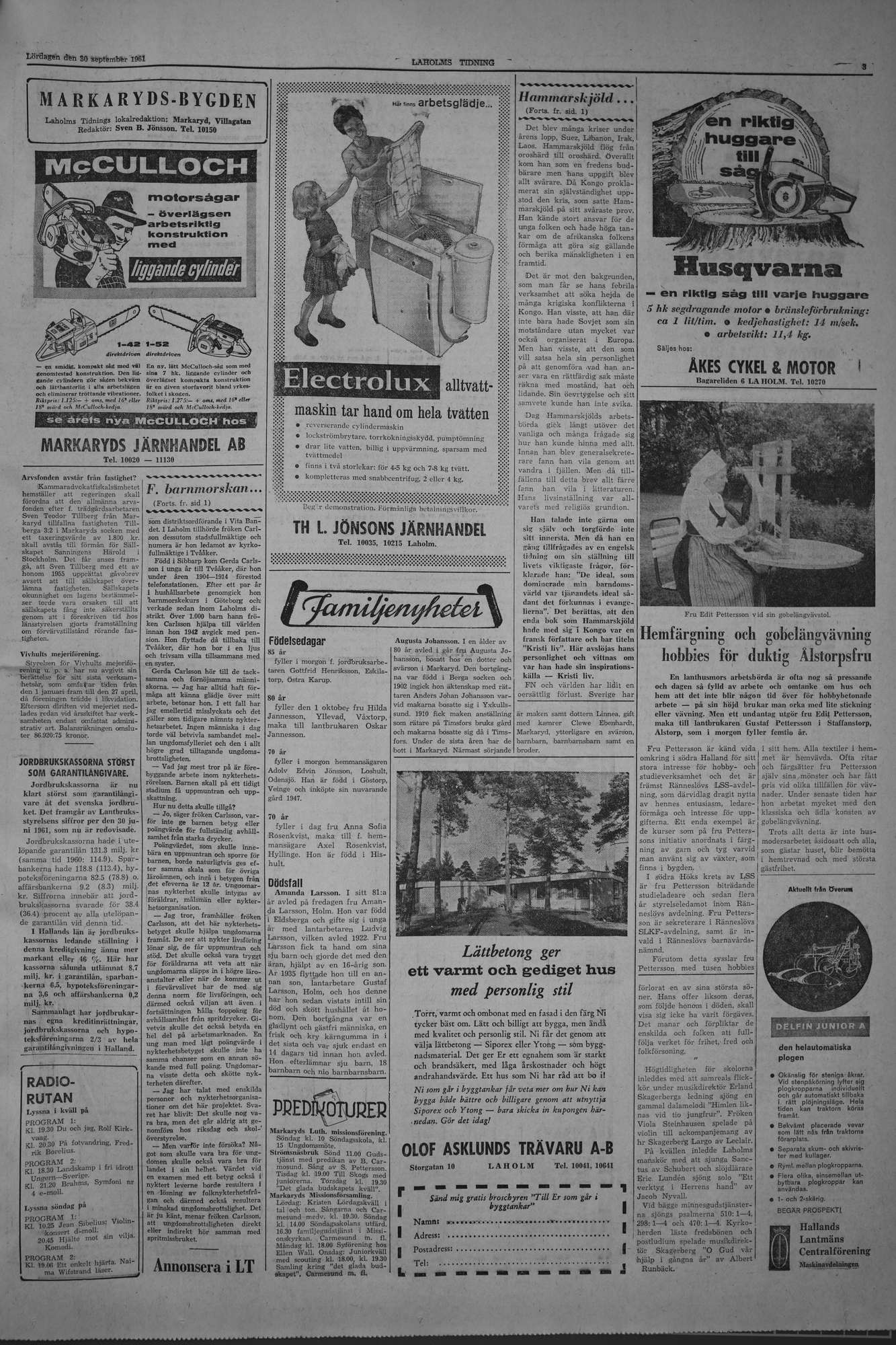 Laholms Tidning Lördag 30 september 1961, sida 3